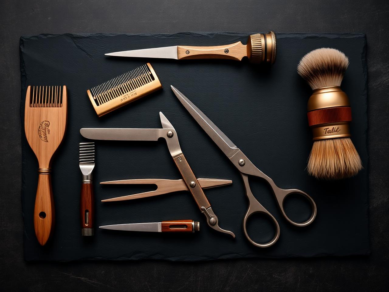 Premium barber tools laid out on slate
